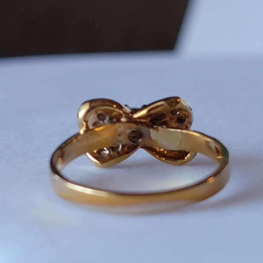 Vintage Bow Ring DAC Clear Diamond Like Stone Pave Gold Tone Size 6 ¼